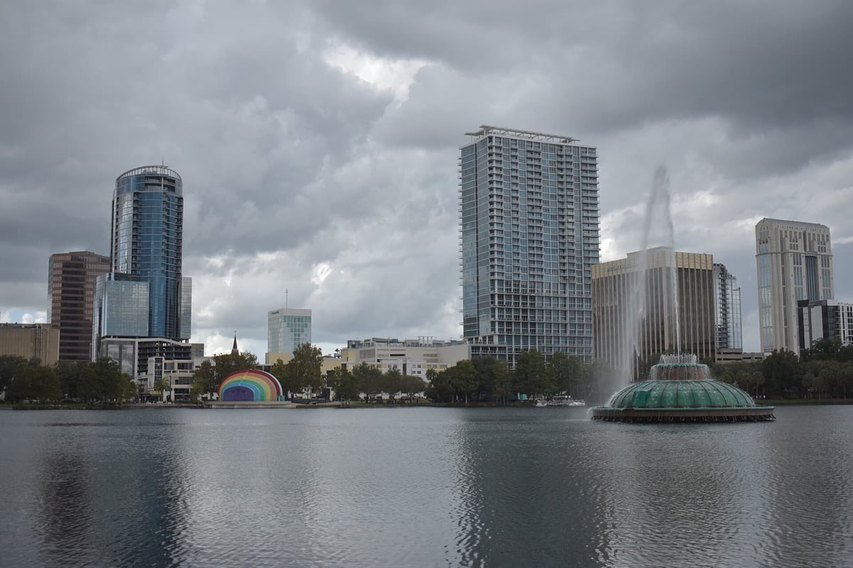 The Orlando skyline behind Lake Eola Park