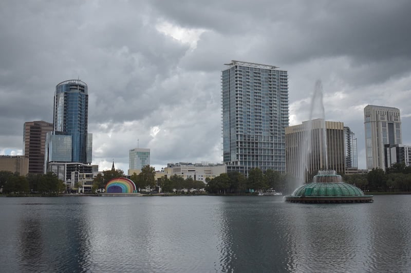 The Orlando skyline behind Lake Eola Park