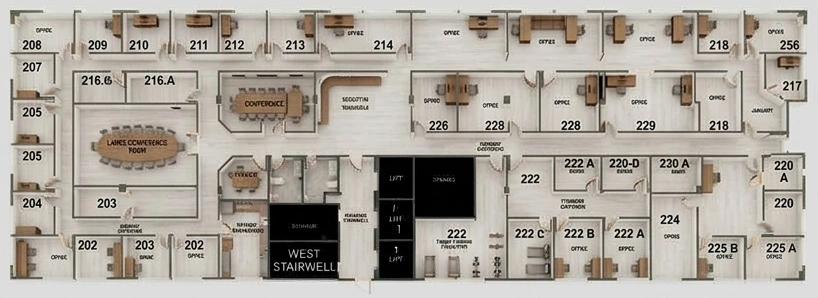 Cocoa Beach Office second-floor plan with private offices, coworking areas, conference rooms and reception