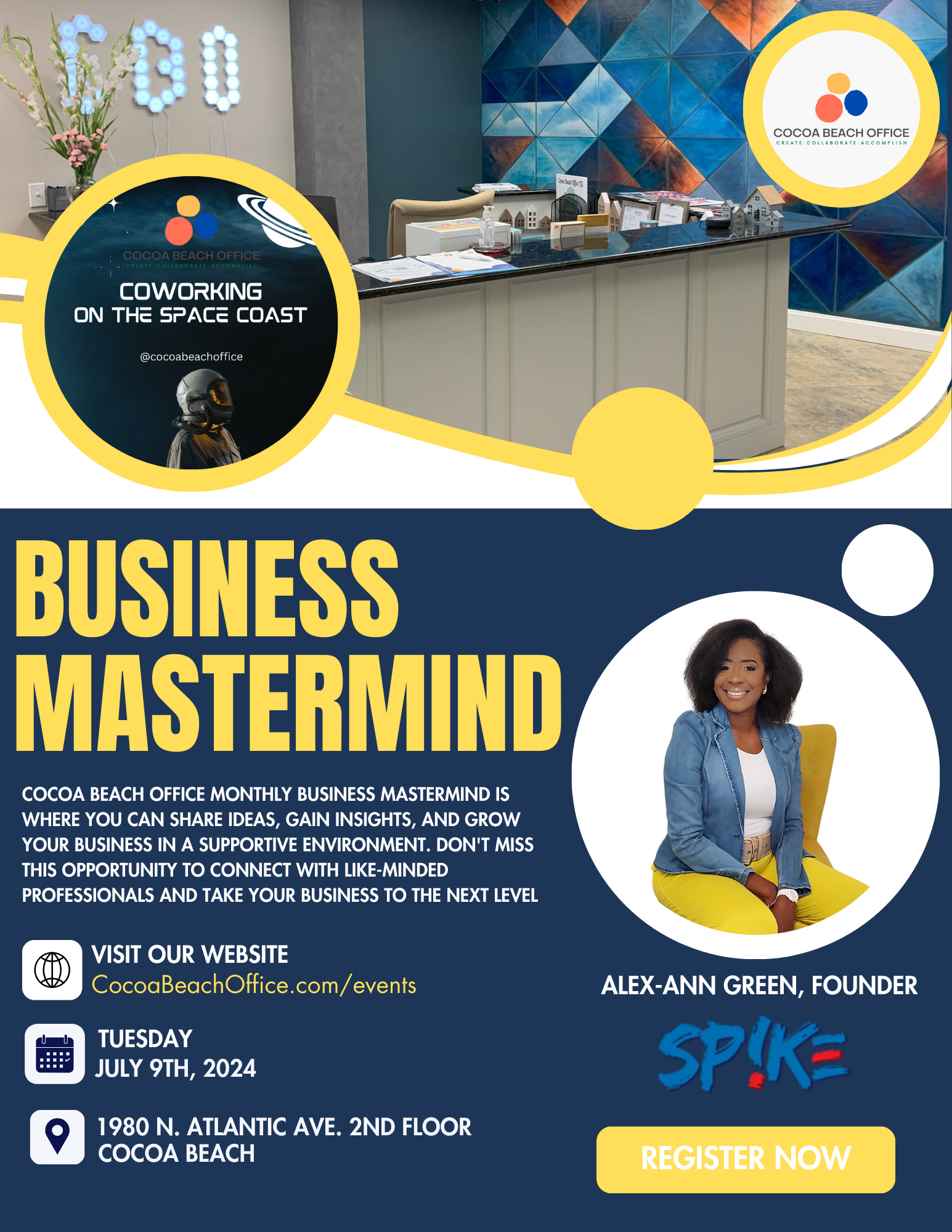 Business Mastermind flyer featuring Alex-Ann Green, a reception photo, and event details for July 9, 2024.