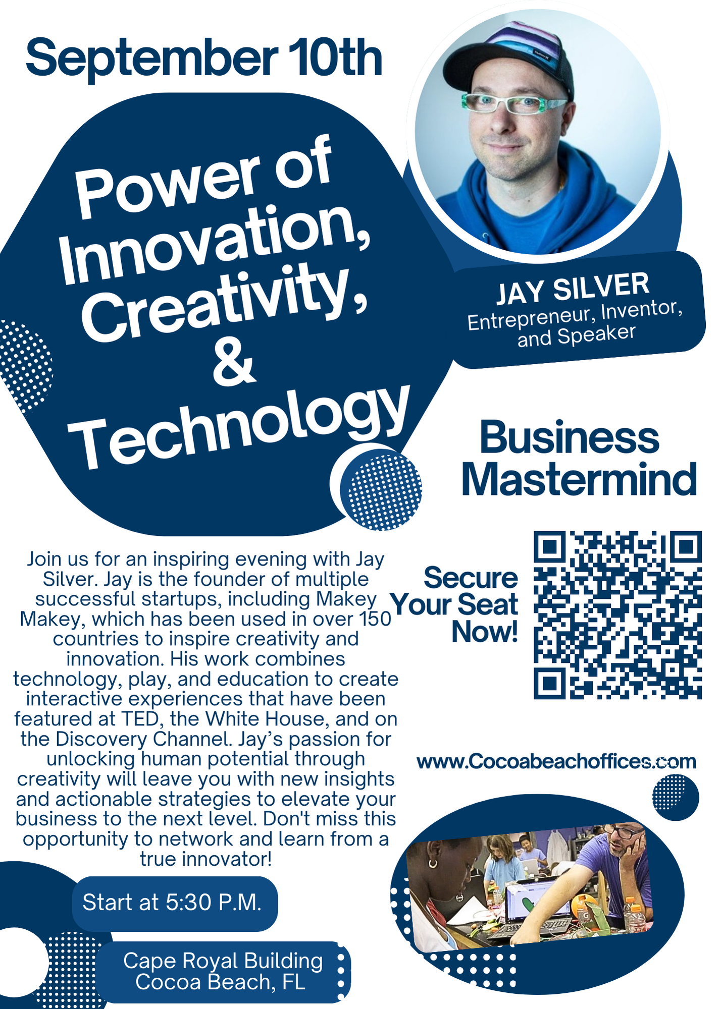 Blue-and-white Business Mastermind flyer featuring Jay Silver, a September 10 date, a 5:30 PM start time, and a QR code.