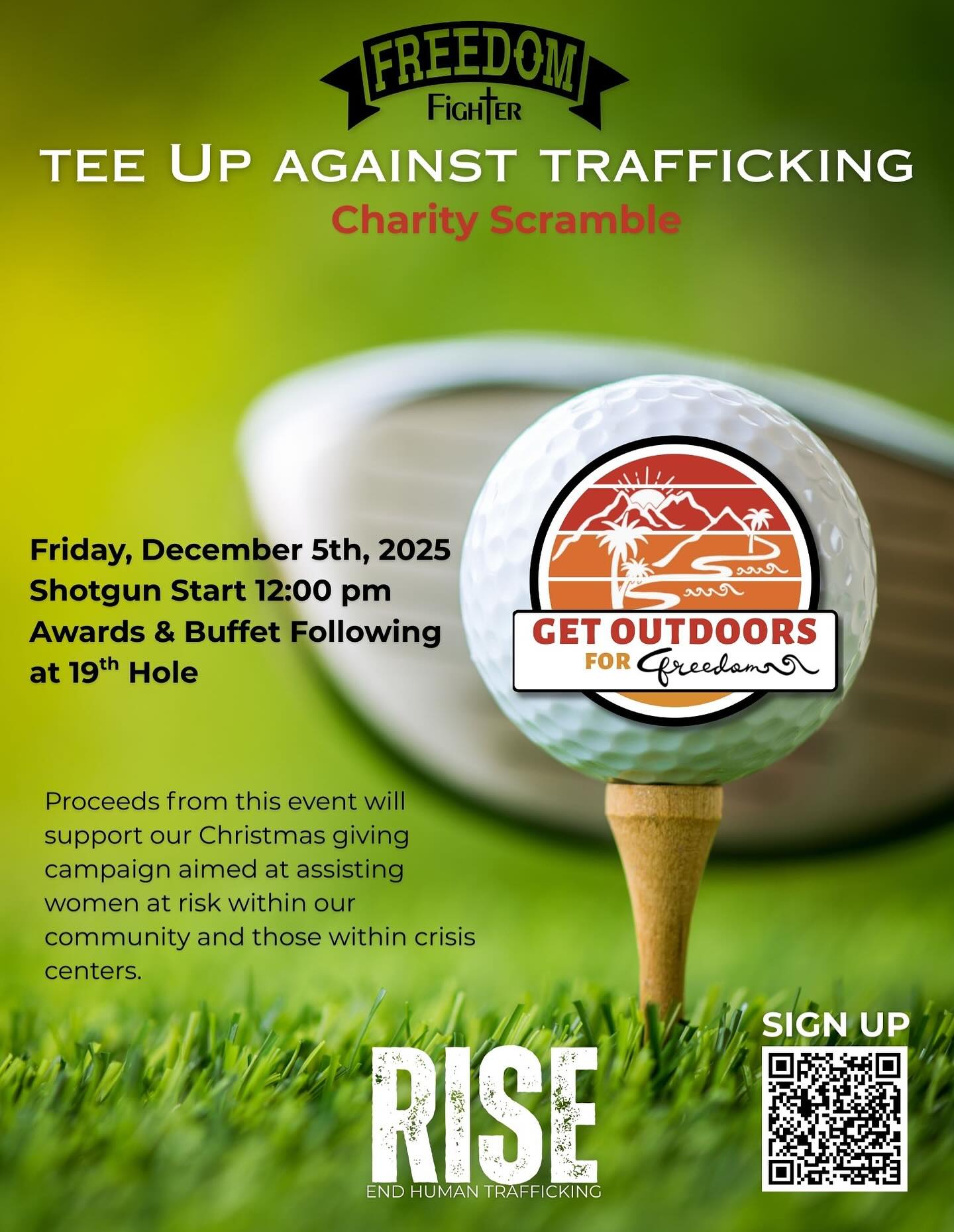 Charity golf scramble flyer featuring a golf ball, event details, Freedom Fighter branding and a sign-up QR code.