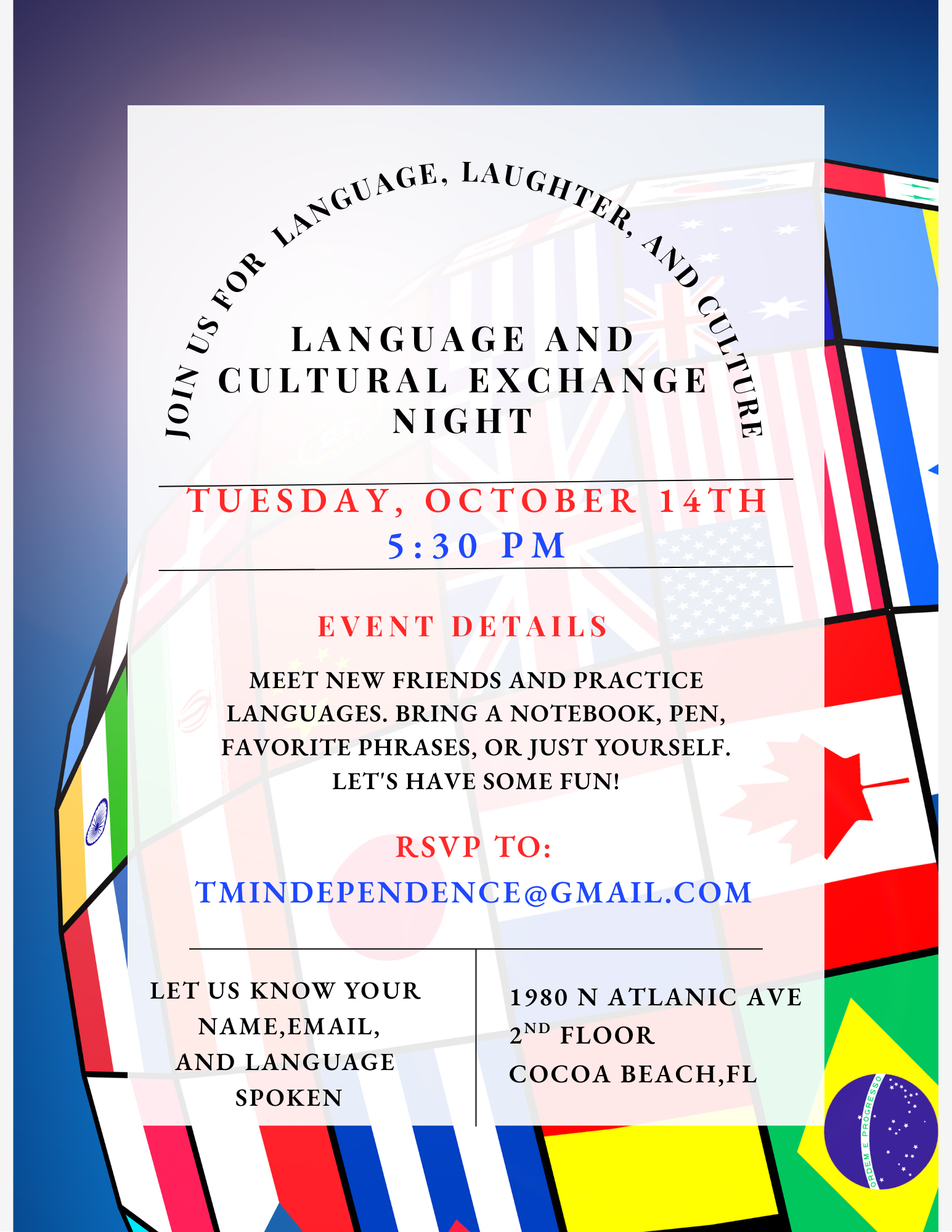 Flyer with international flags advertising Language and Cultural Exchange Night on Tuesday, October 14th at 5:30 PM.