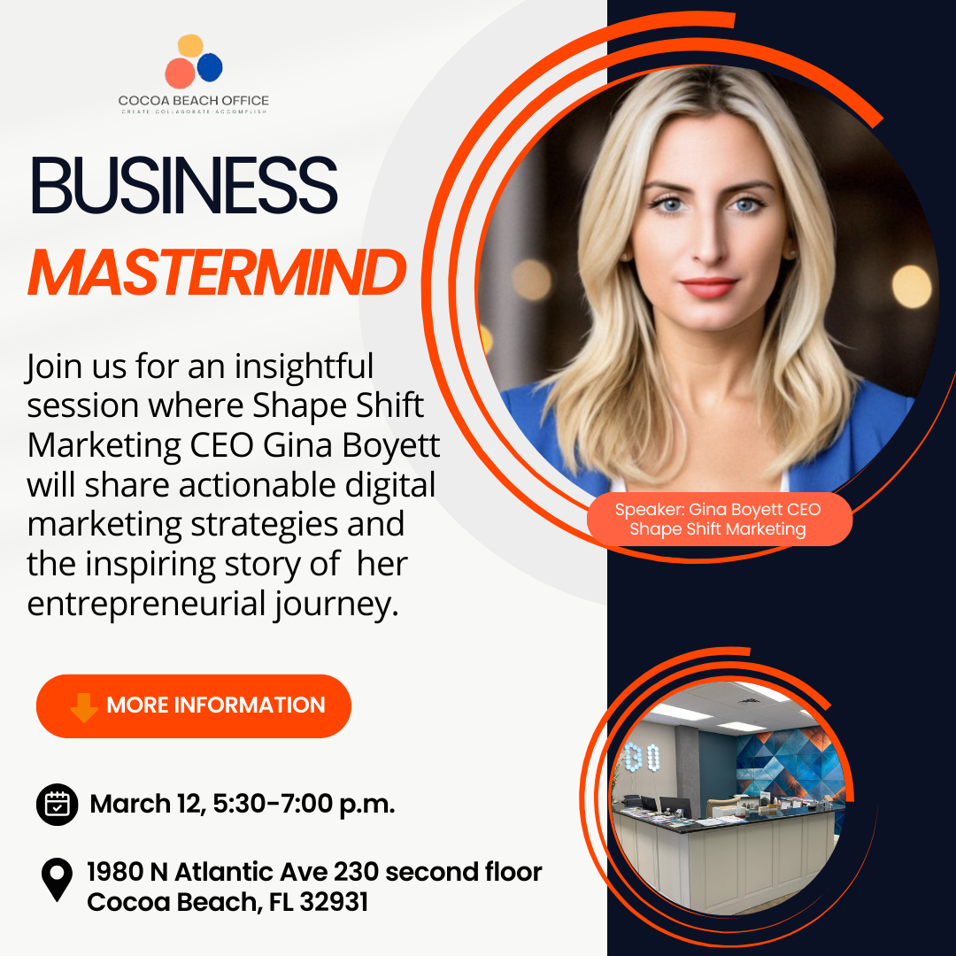 Cocoa Beach Office Business Mastermind flyer featuring Gina Boyett’s portrait, event details, and a reception area photo.