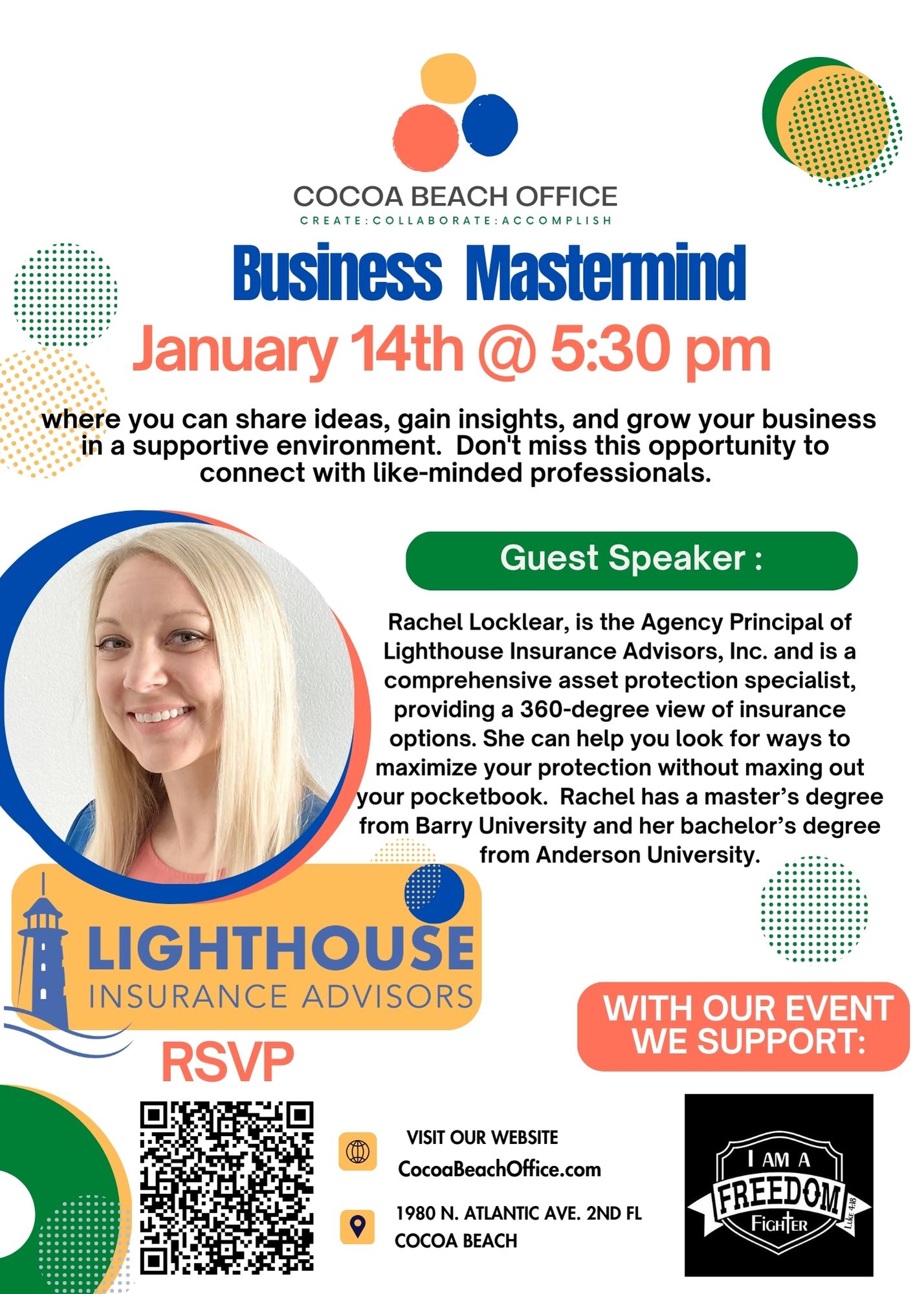 Cocoa Beach Office Business Mastermind flyer for January 14 at 5:30 PM, featuring Rachel Locklear, her portrait and an RSVP QR code.