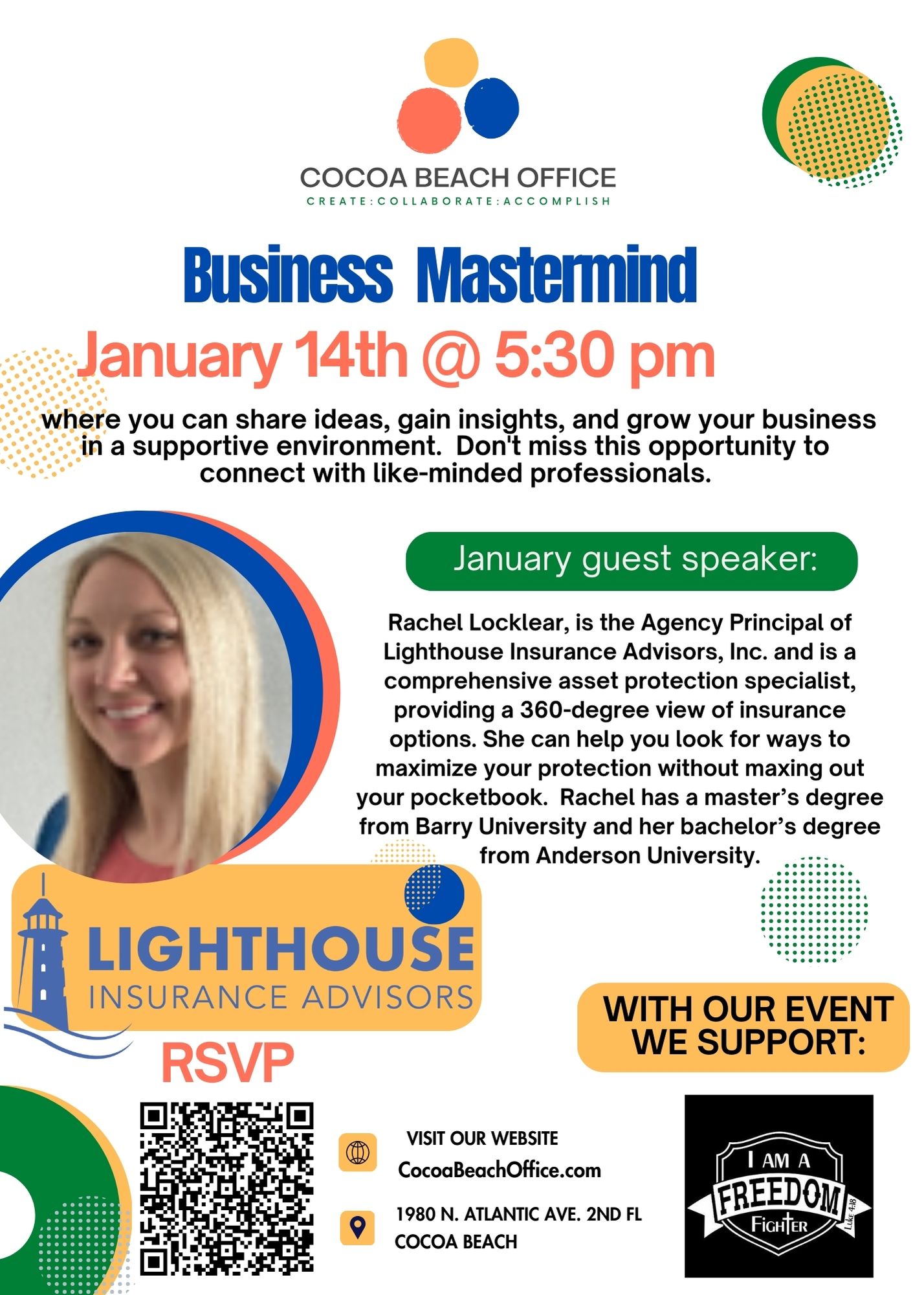 Cocoa Beach Office Business Mastermind flyer for January 14 at 5:30 PM, featuring Rachel Locklear and an RSVP QR code.