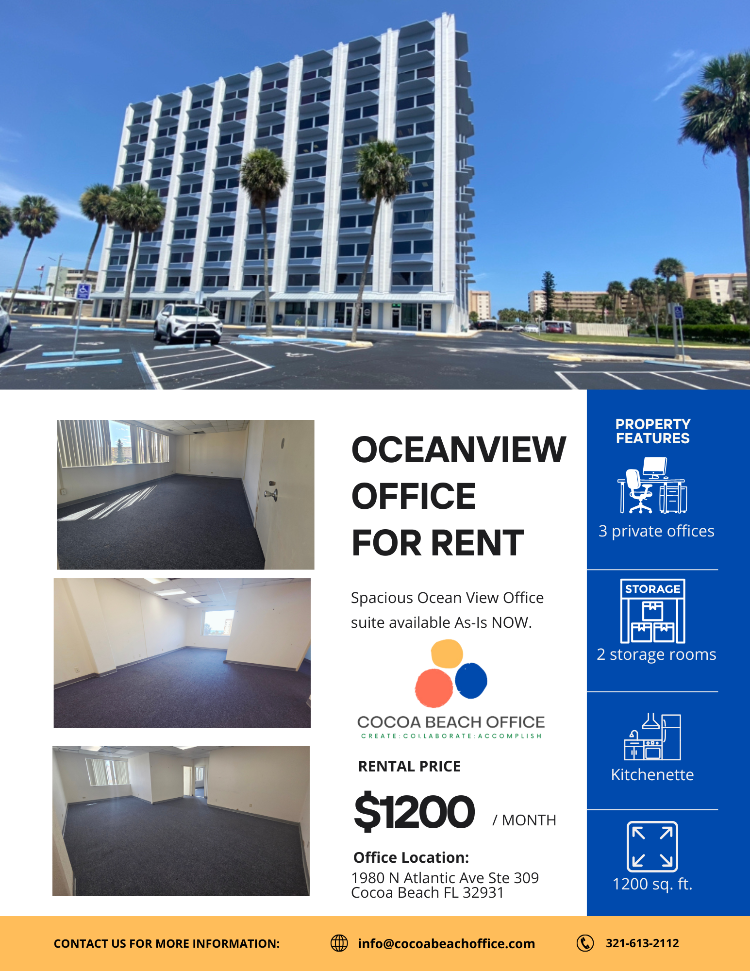 Office rental flyer with a building exterior, three empty office photos, pricing, property features and contact information.