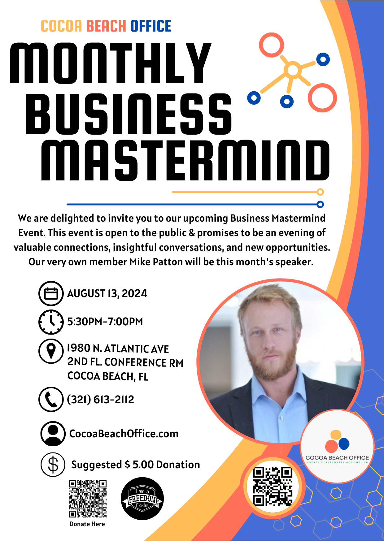 Cocoa Beach Office flyer for an August 13, 2024 Business Mastermind with Mike Patton, featuring his portrait and event details.