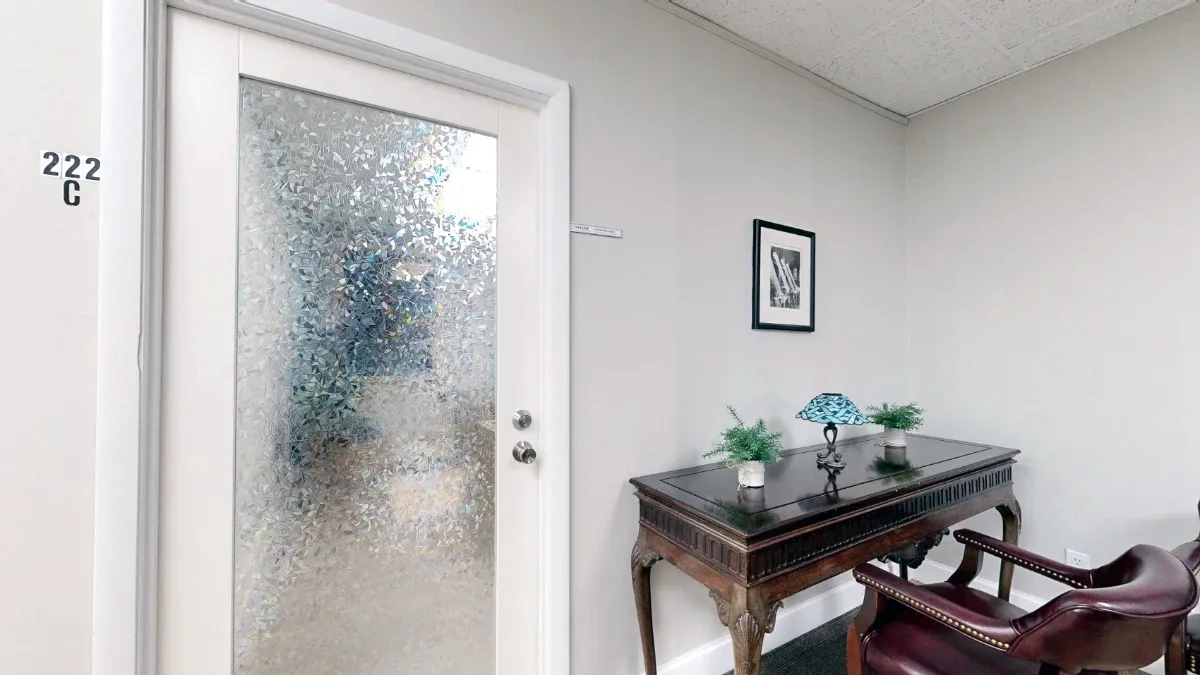Patterned-glass door marked 222C beside a wooden console table with plants, a decorative lamp, and a leather chair.
