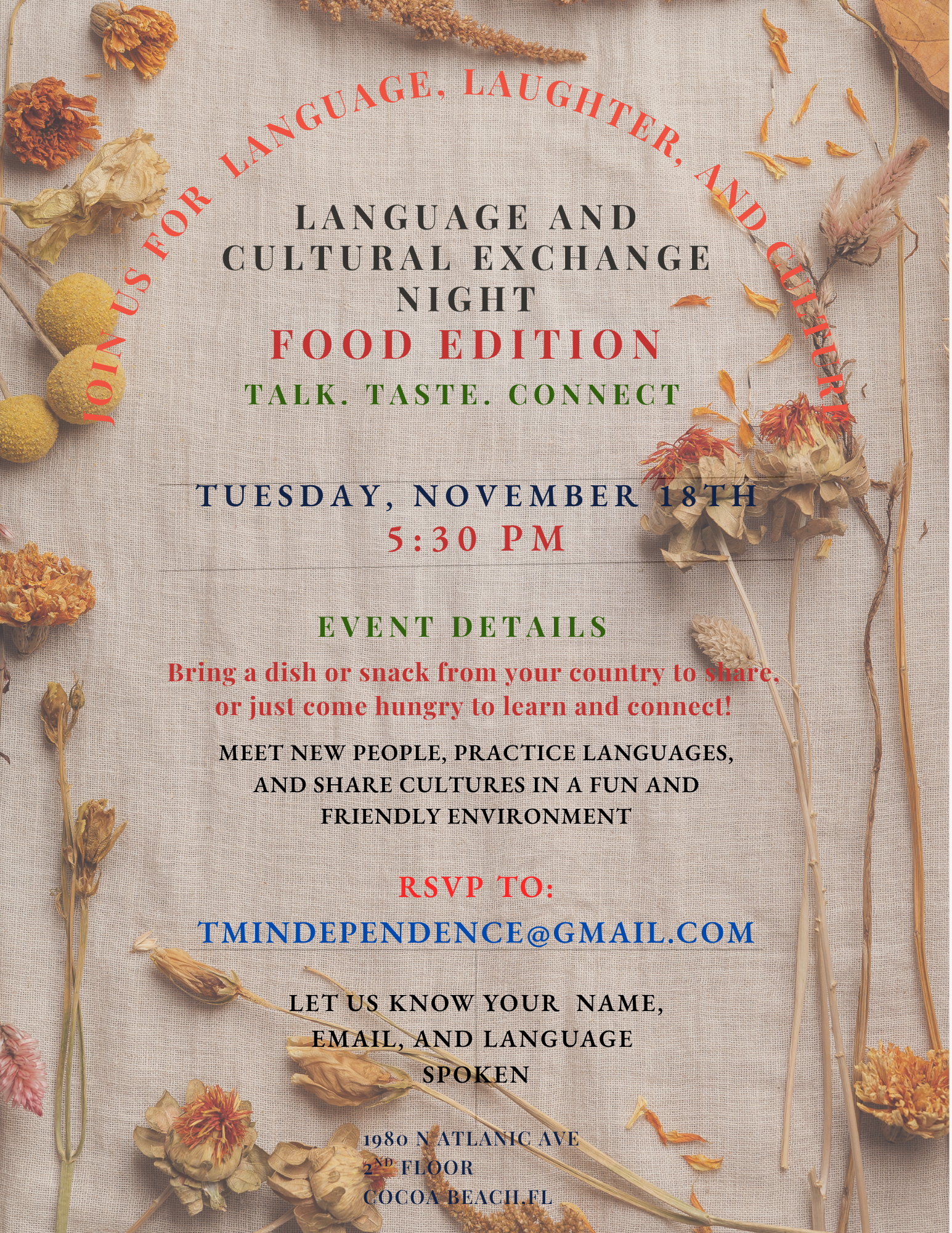 Flyer with dried flowers advertising Language and Cultural Exchange Night, Food Edition, on November 18 at 5:30 PM.