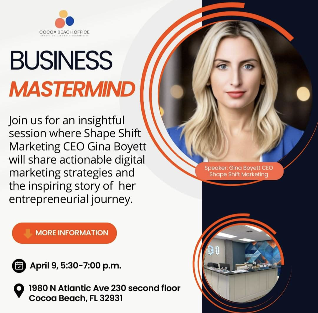 Cocoa Beach Office Business Mastermind flyer with Gina Boyett's portrait, April 9 event details, and a reception area photo.