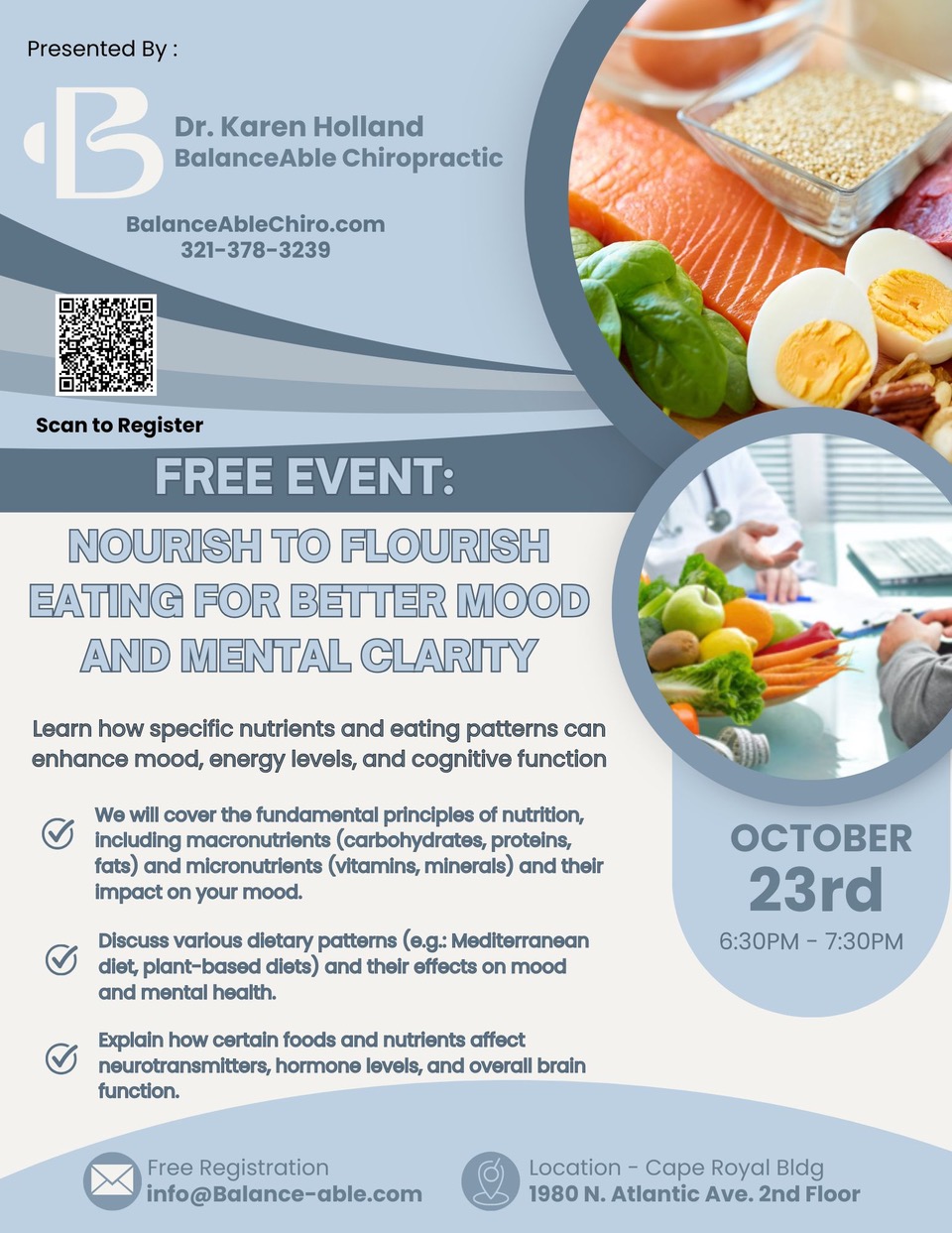 Flyer for a free nutrition talk by Dr. Karen Holland on October 23, with food photos and a registration QR code.