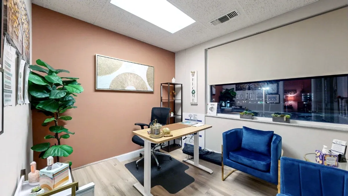 Office 215 interior with a light wood desk, black task chair, tall plant and blue armchairs beside the window.