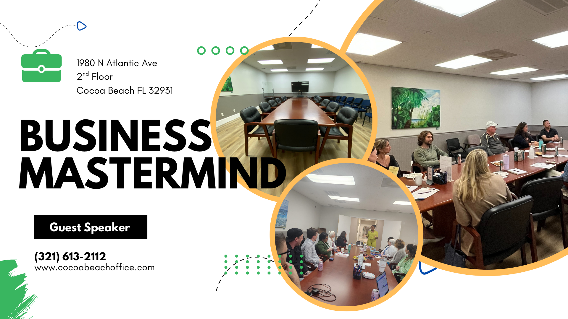 Business Mastermind flyer with conference room photos, attendees around a table, and Cocoa Beach Office contact details.