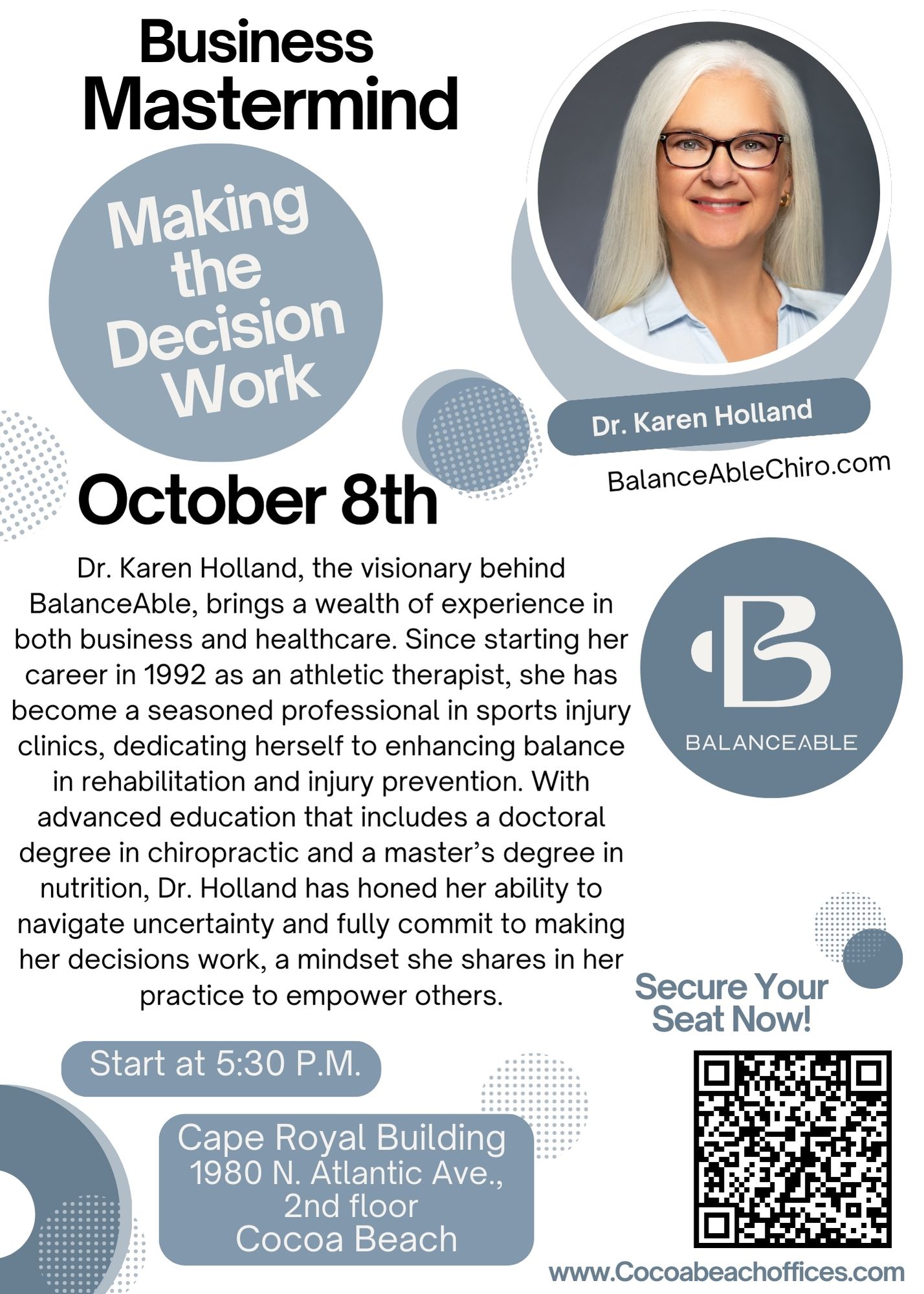 Business Mastermind flyer featuring Dr. Karen Holland, October 8th at 5:30 PM, with her portrait and a registration QR code.
