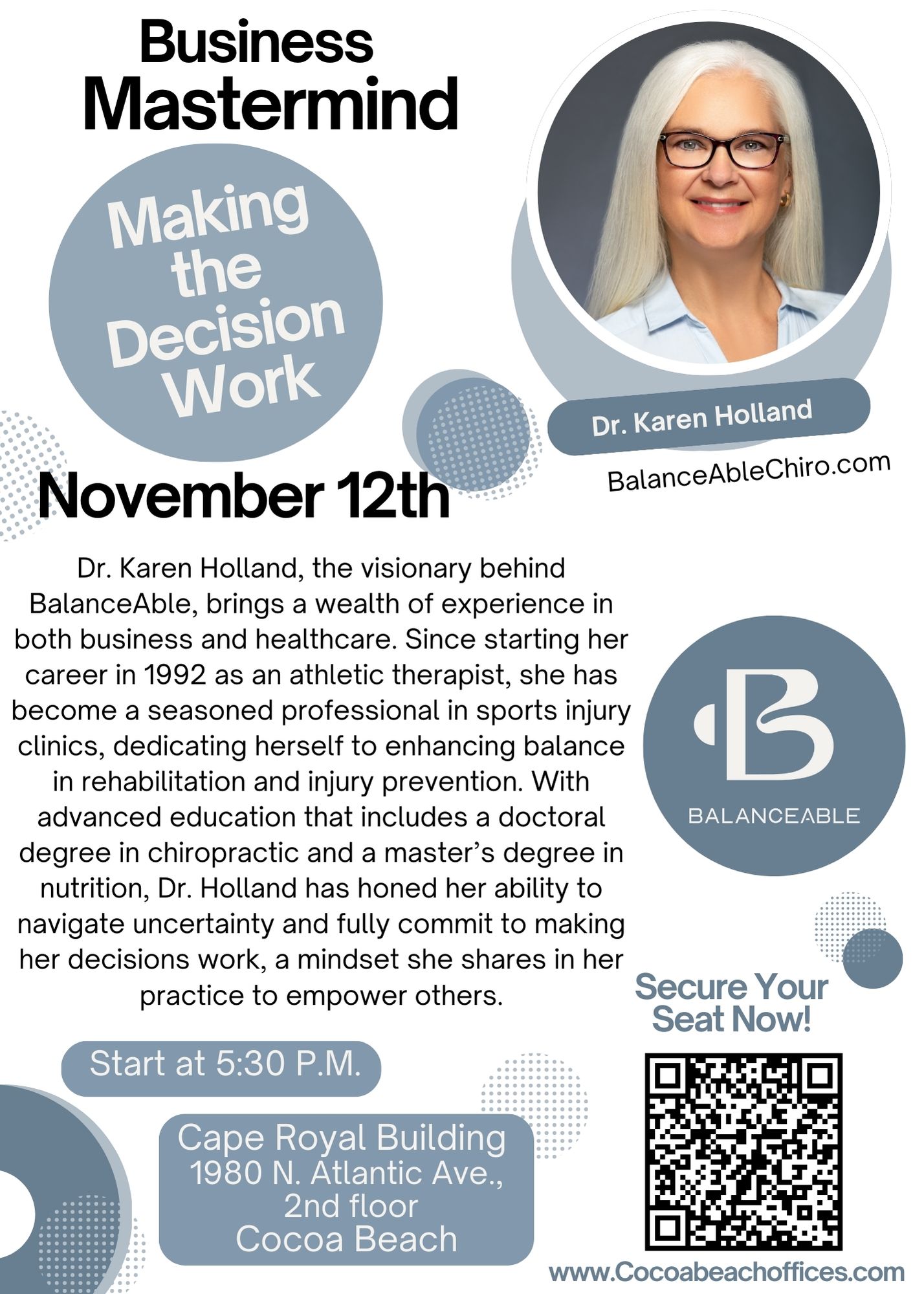 Business Mastermind flyer featuring Dr. Karen Holland, her portrait, November 12th event details, and a registration QR code.