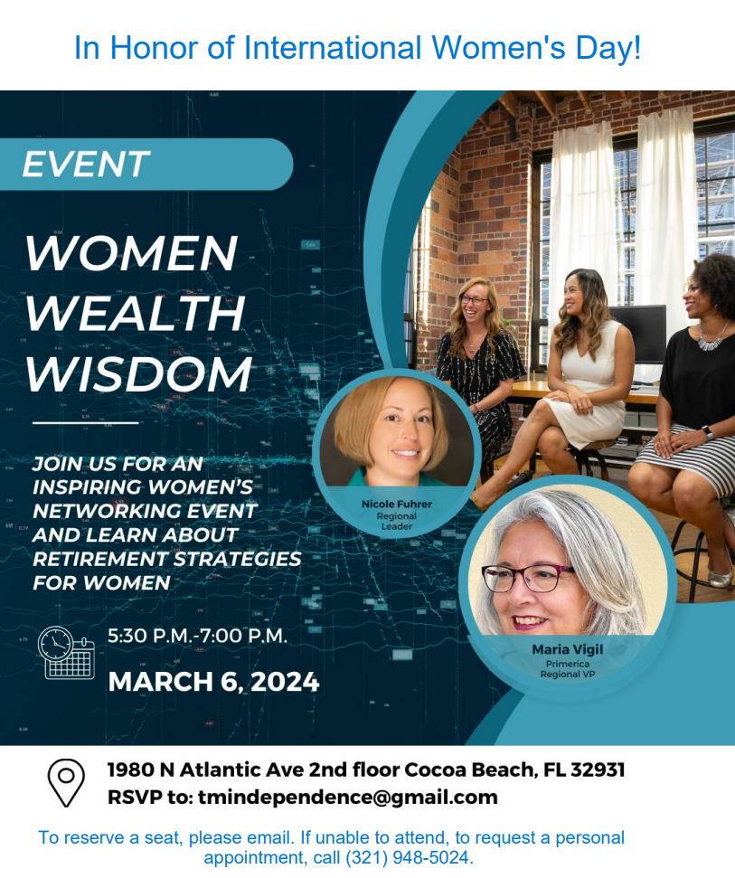 Women Wealth Wisdom flyer featuring two portraits, a photo of seated women, and event details for March 6, 2024.