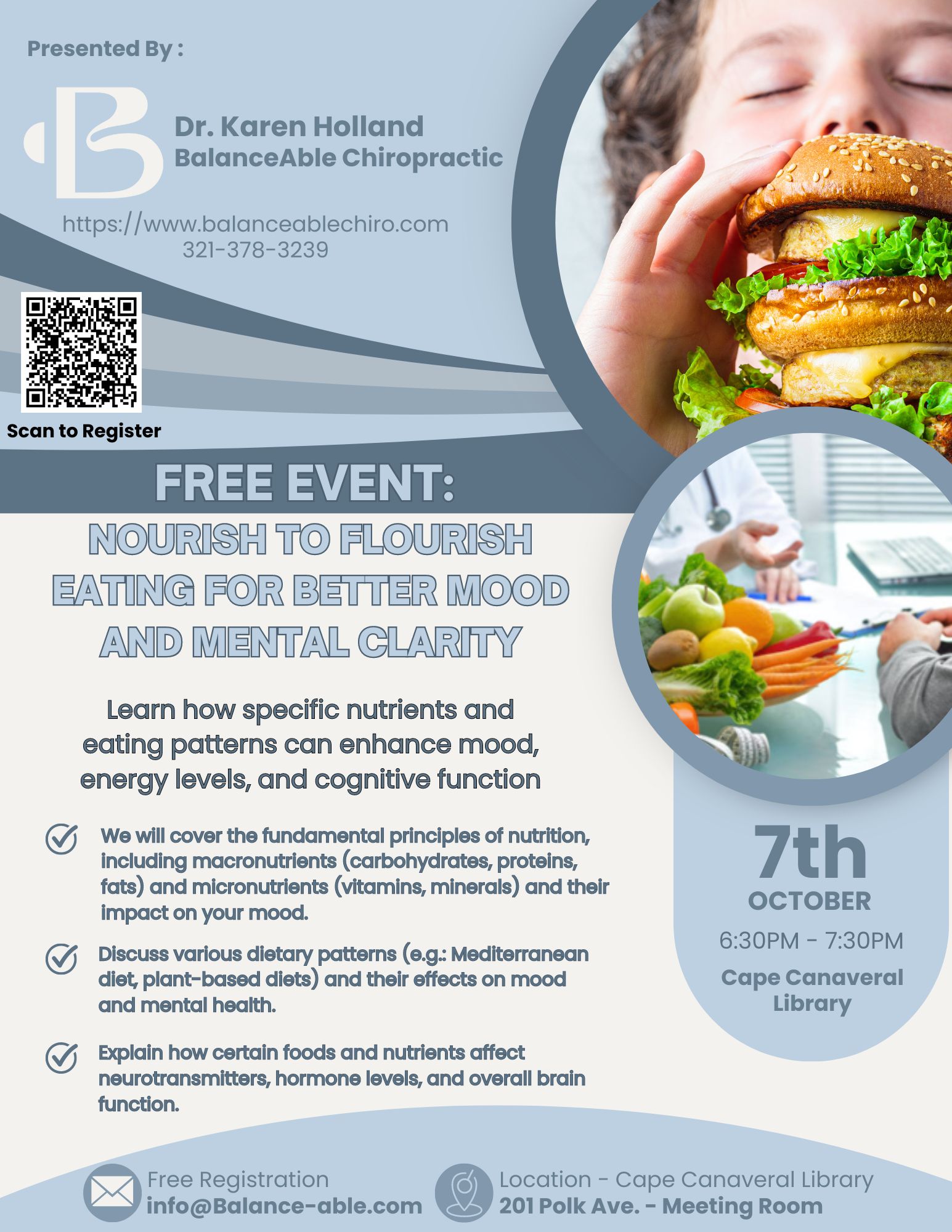 Flyer for Nourish to Flourish with Dr. Karen Holland, food photos, a registration QR code, and October 7 event details.