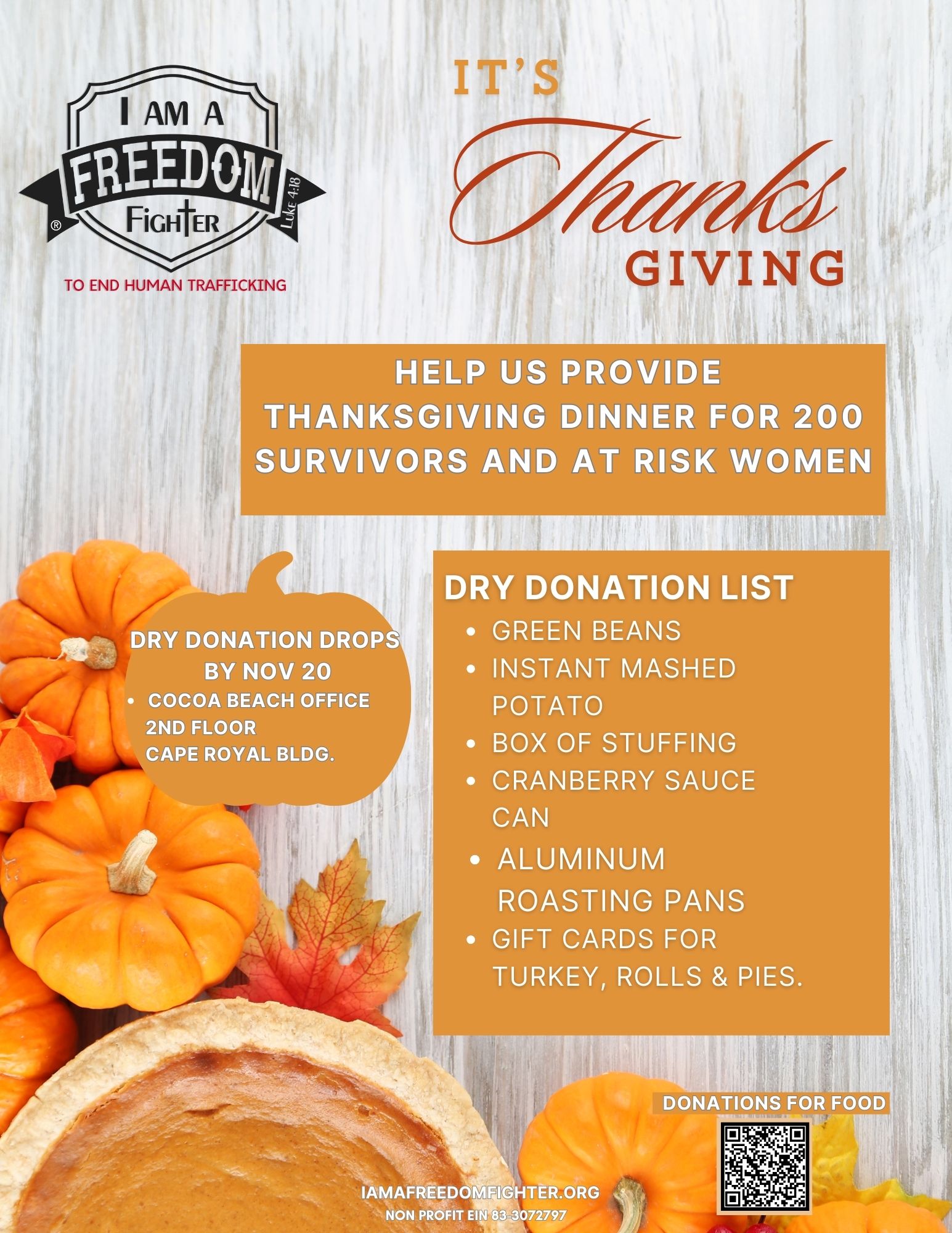 Thanksgiving donation flyer with pumpkins, pie, a food donation list, November 20 deadline, and a QR code.