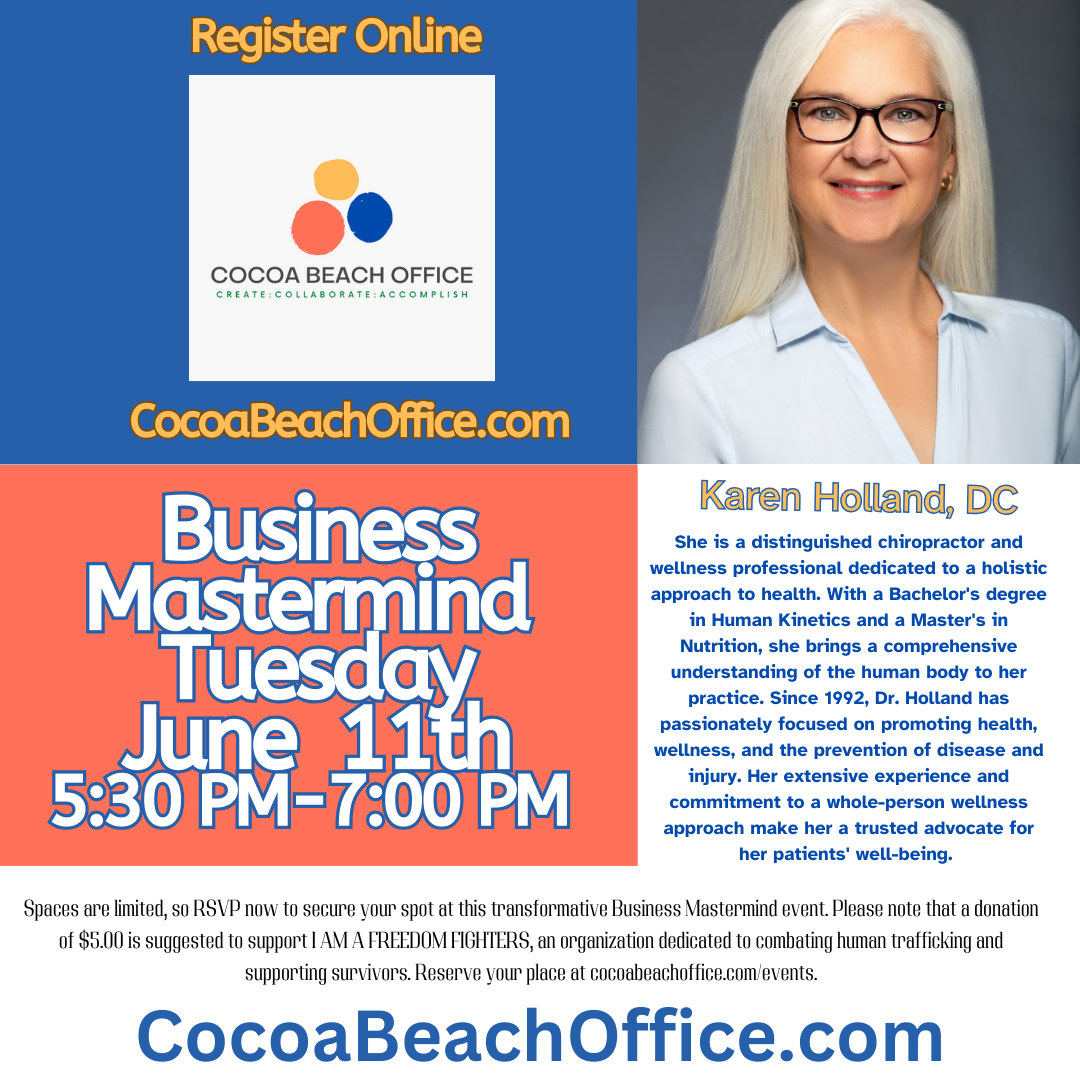 Business Mastermind flyer featuring Karen Holland, DC, for Tuesday, June 11, from 5:30 PM to 7:00 PM.