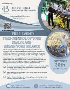 Flyer for a free balance and fall-prevention event on October 30th, with photos of assisted walking and outdoor exercise.