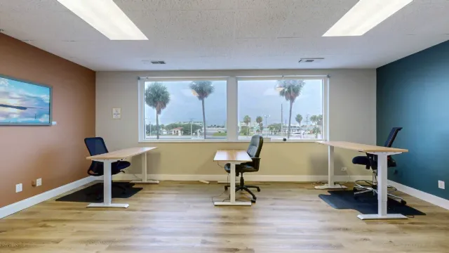 Three light-wood desks with white legs and dark chairs are spaced beneath two large palm-view windows.