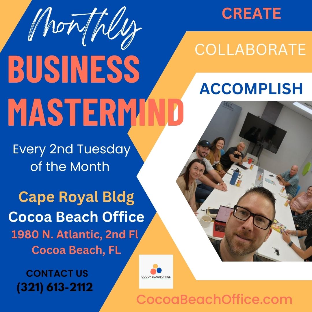 Blue and yellow Monthly Business Mastermind flyer with meeting details and a group photo around a conference table.