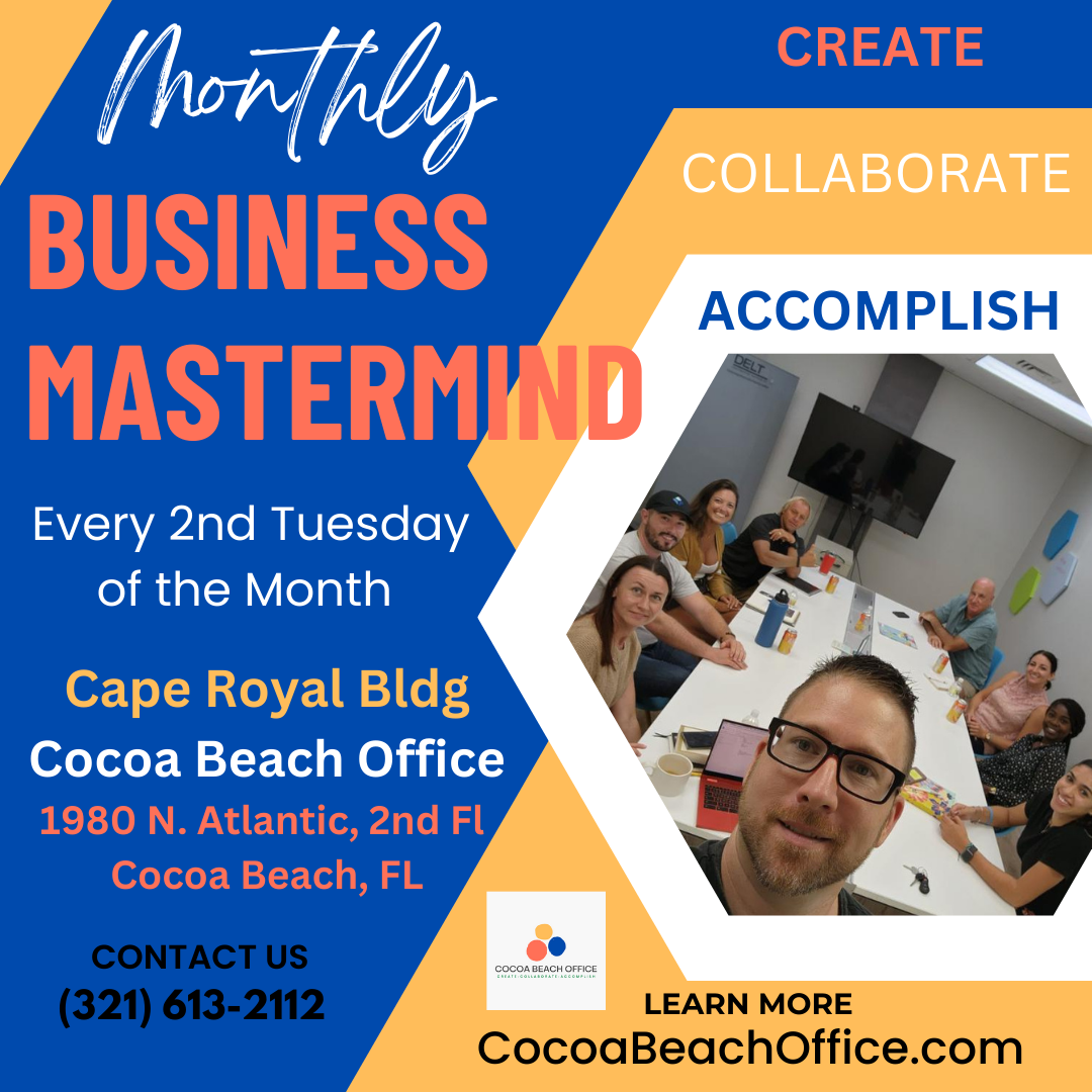 Blue and yellow Monthly Business Mastermind flyer with a group photo, recurring schedule, and Cocoa Beach Office contact details.