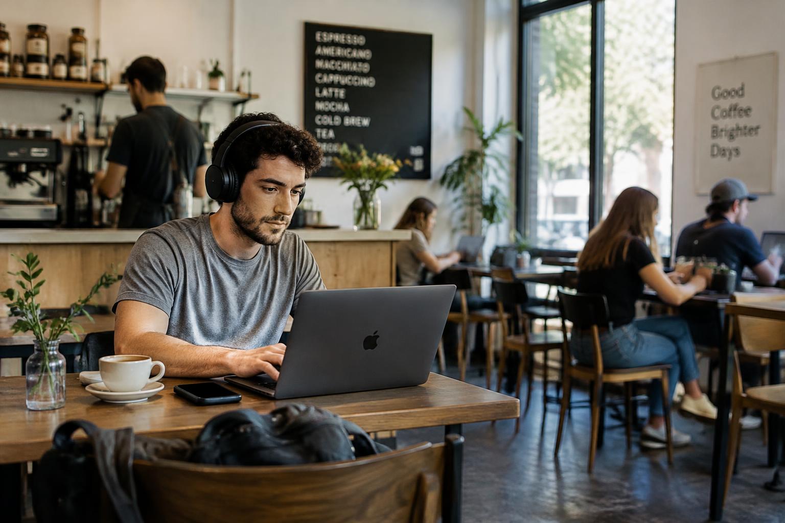 Coastal editorial illustration of a laptop, headphones and connected globe